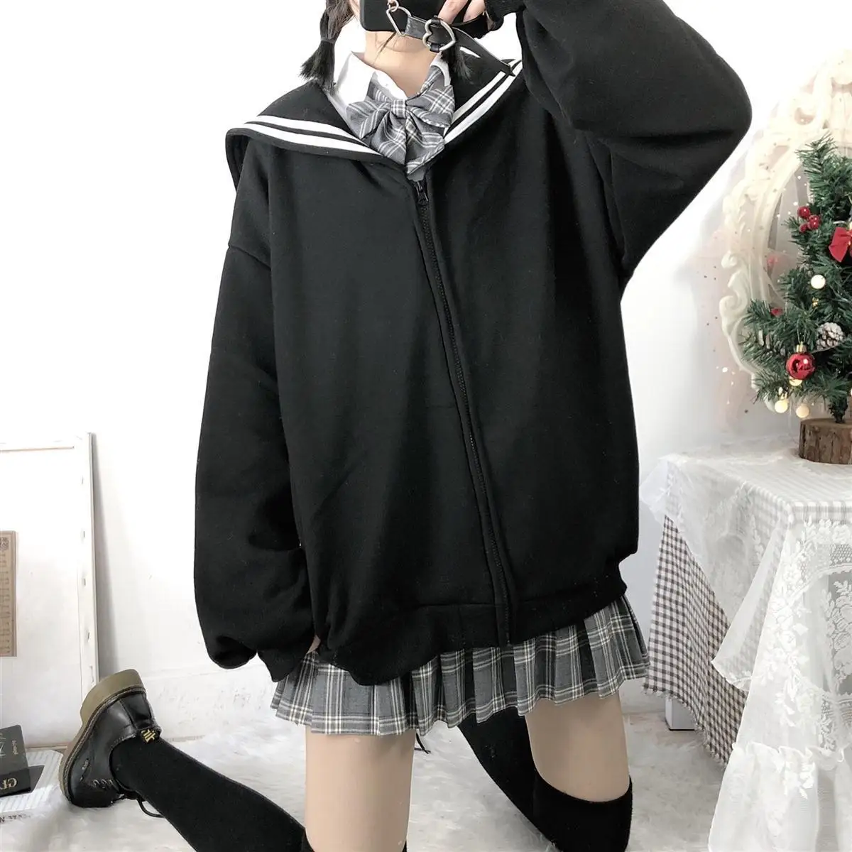 

Kawaii Black Zip Up Hoodie Women Sailor Collar Sweatshirt Japanese Streetwear Soft Girl 2021 Fashion Oversized Sweatshirt, Black,blue