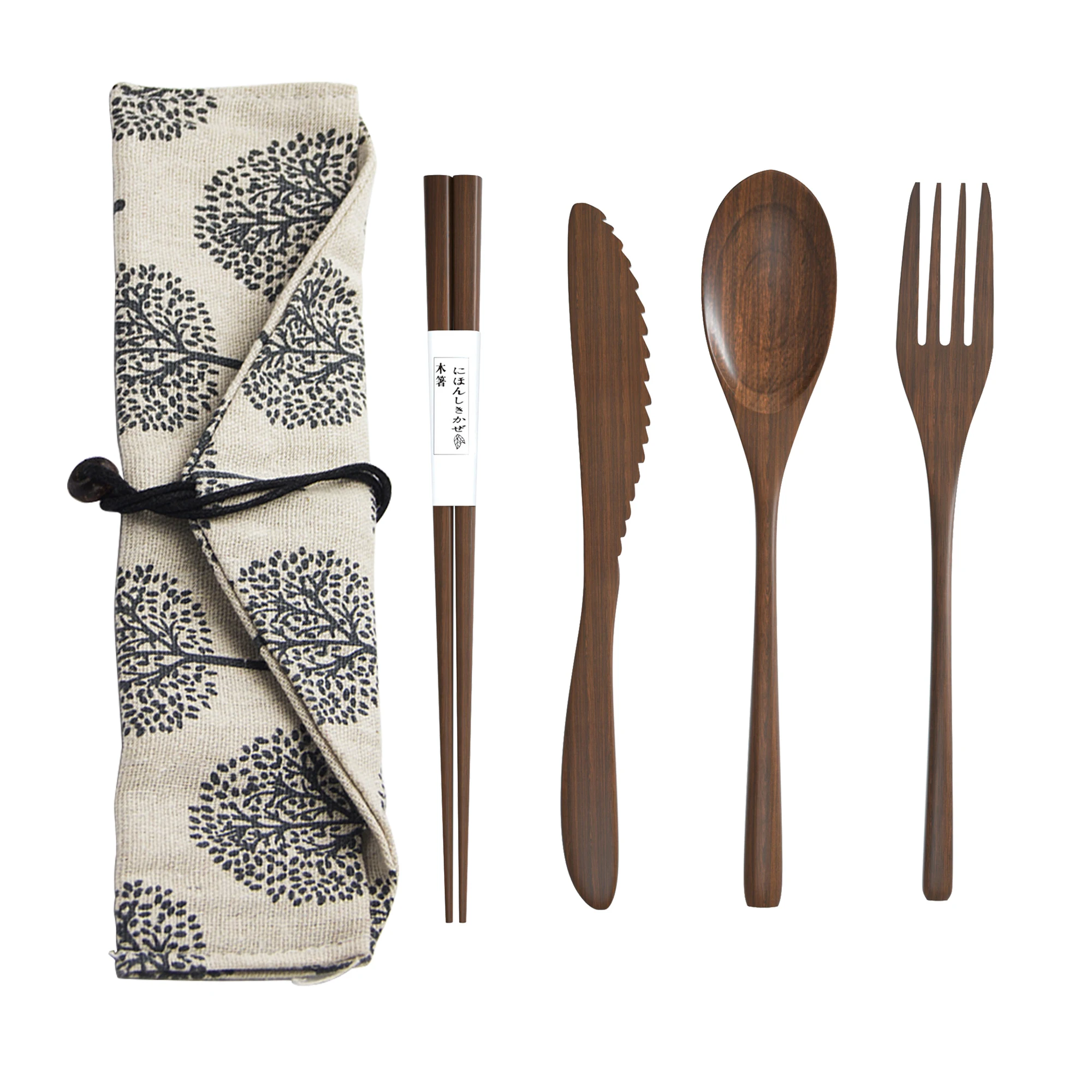 

Wholesale Custom Travel Portable Reusable Black Organic Bamboo Flatware Utensil Cutlery Set in Pouch, Picture