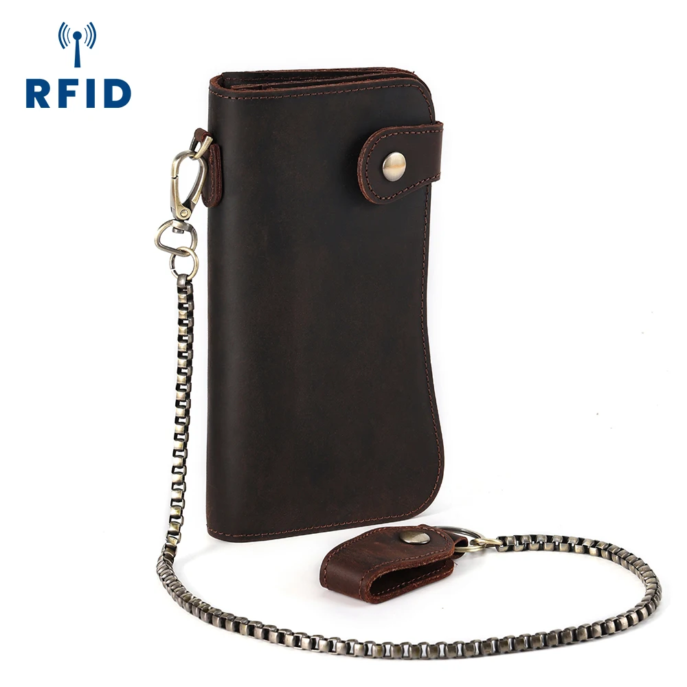 

New Designer Genuine Leather Long Money Clip Rfid Wallet Card Holders Men Leather Wallets with Keychain, Coffee, brown