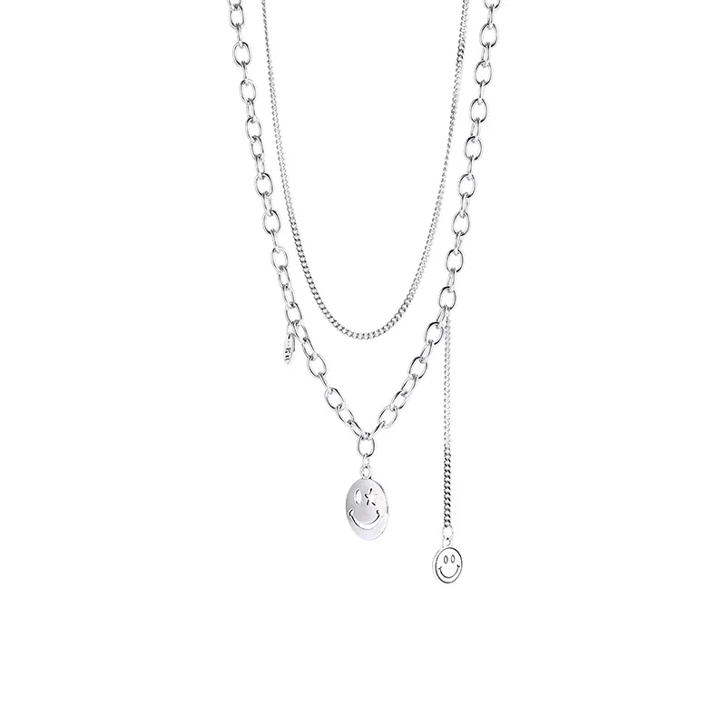 

New fashion jewelry stainless steel fadeless layered smiley face round brand pendant necklace, Steel color