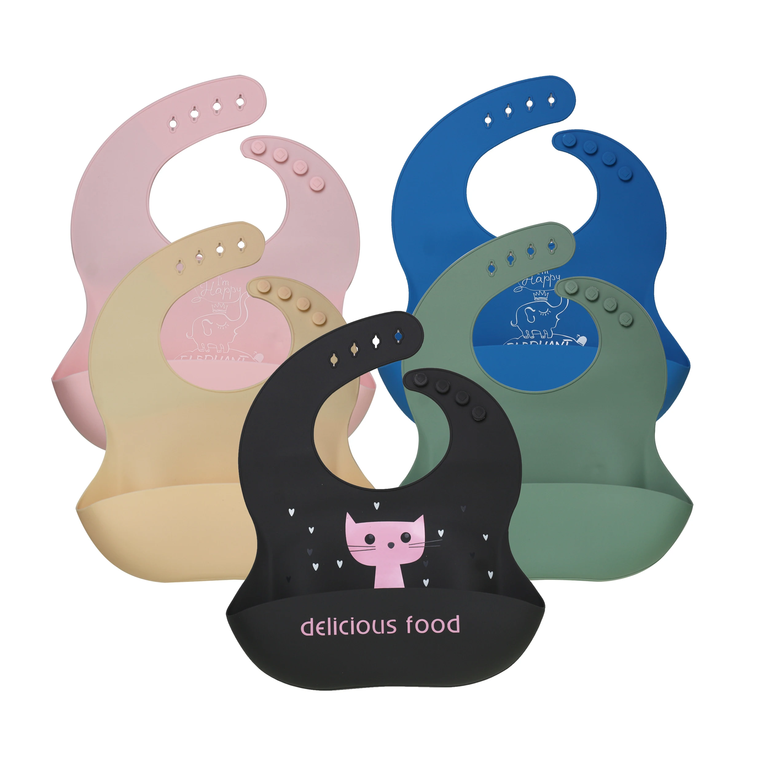 

Food grade BPA Free Waterproof Baby Soft Anti-Dirty Printing Silicon Baby Bib With Catcher, 10 colors