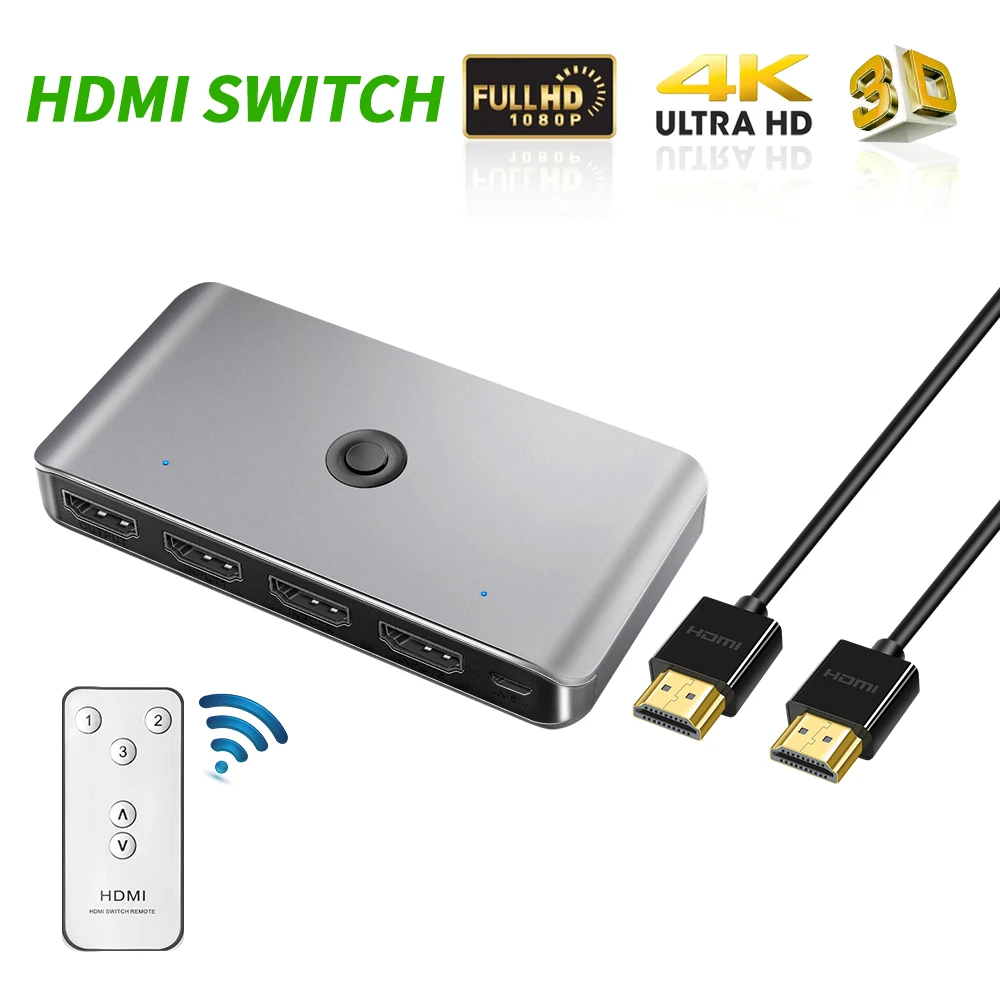 3-Port HDMI Switch 3x1 Switcher Selector Splitter 4K 1080P HDMI 2.0 +  Remote