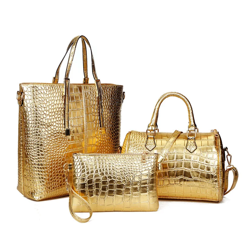 

SP756 Autumn new shoulder handbags for women luxury 3pcs gold hand bag set, Pictures shown