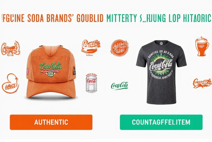 Comparison of authentic soda brand merchandise versus counterfeit items highlighting key differences