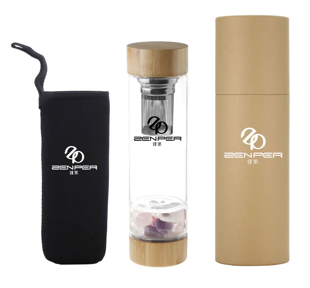 

wholesale big factory healing customized elixir gemstone water bottle bamboo lid tea infuser crystal water bottle with sleeve