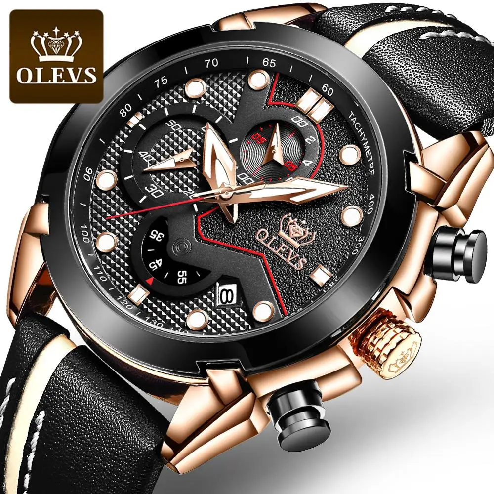 

OLEVS Top Brand Luxury Leather Chronograph Multi Function Watch Sport Waterproof Fashion Quartz Luminous Men Wrist Watch