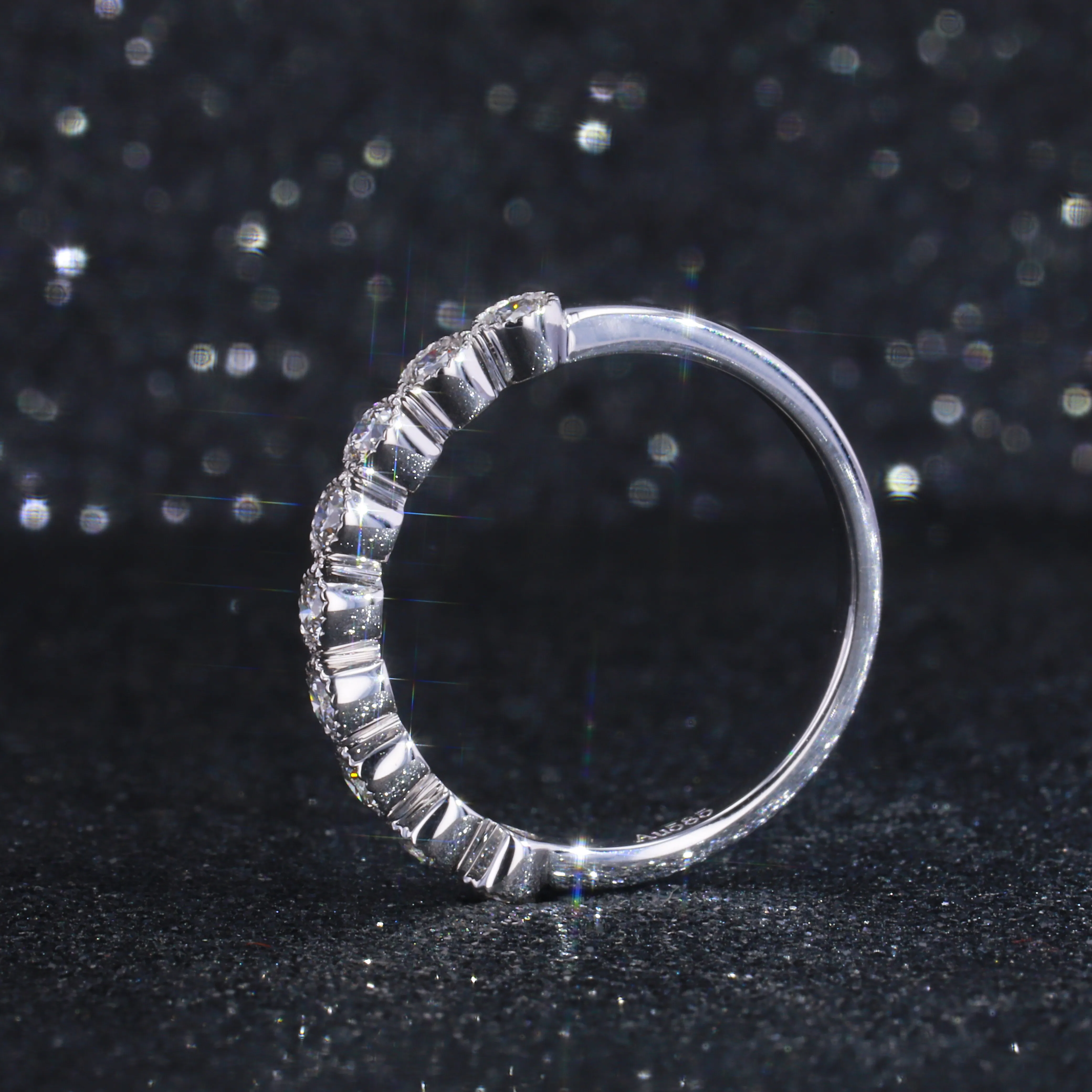 

Half lab grown diamond wedding band with ball edge polishing in 14K white gold