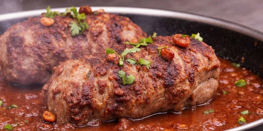 Beef marinating in a rich red sauce overnight