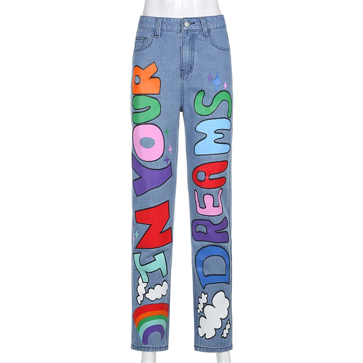 

Fashion Letter Printed Women Colorful Jeans Pants High Waist Wide Leg Punk Cute Rainbow Streetwear Denim Jeans, Picture colors