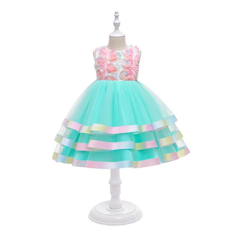 

Fashion wholesale summer baby girl short ruffled mini wedding dresses irregular party floral embellished tulle girls dress