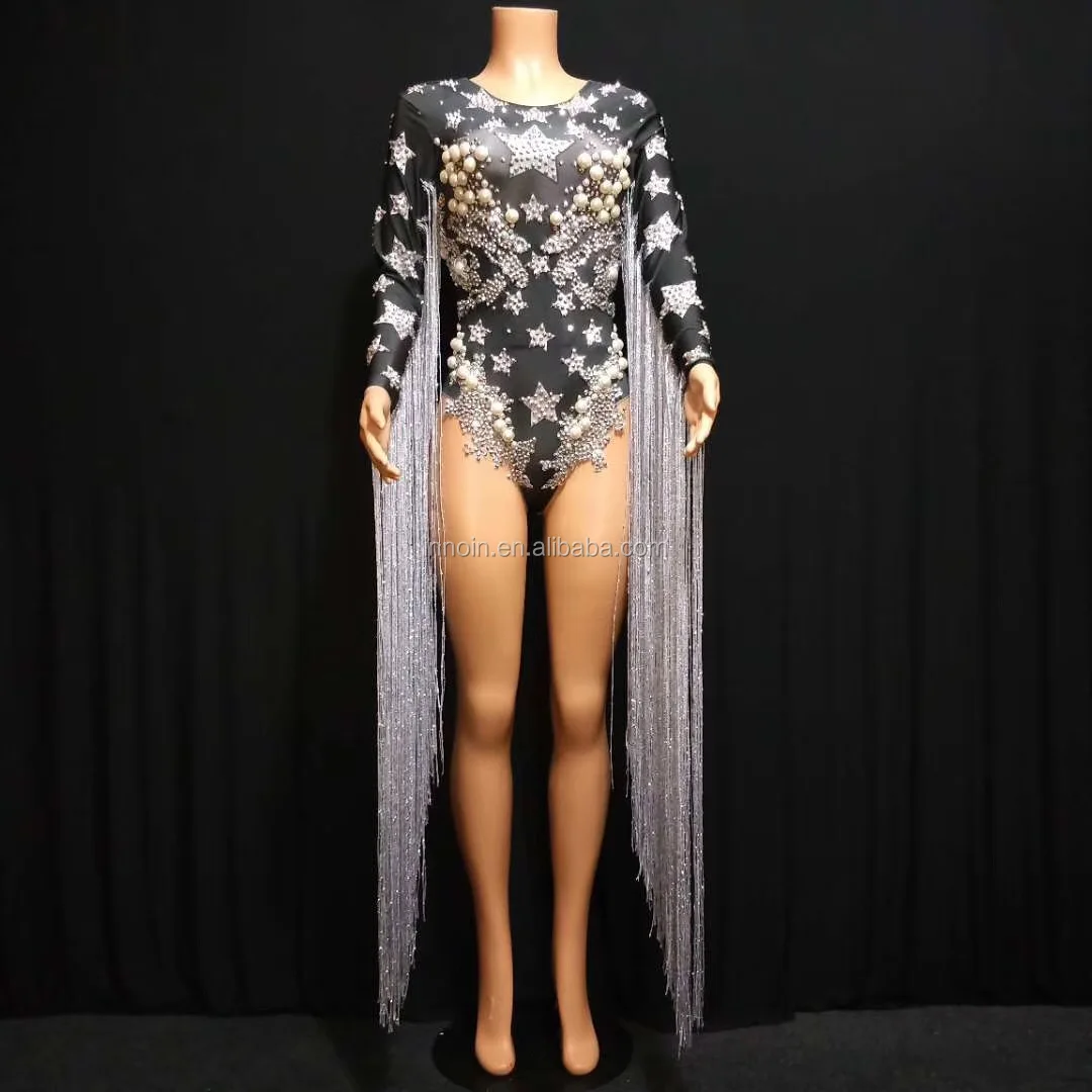 

Sexy black Silver Fringes Crystal Bodysuit Women Stage Show Stretch Leotard Nightclub Party Big Pearls Costume Dance Bodysuit