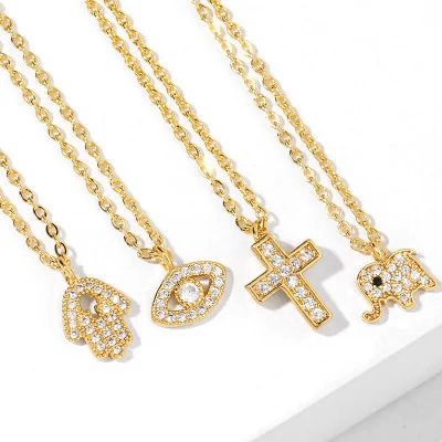 

Latest Arrival 14K Gold Plating CZ Hand Evil Eyes Pendant Necklaces Rhinestone Crystal Elephant Cross Necklaces for Women