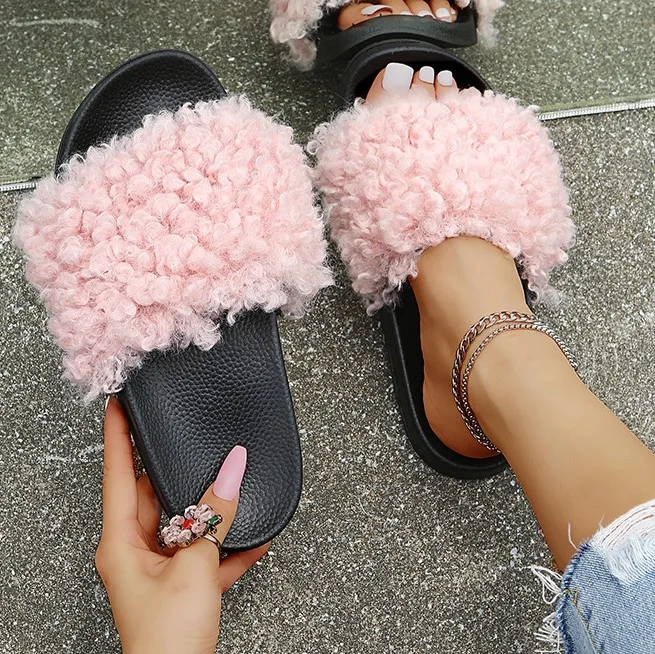 

Dropshipping slippers for ladies 2021 lambswool fur slippers sandals outdoor slipper