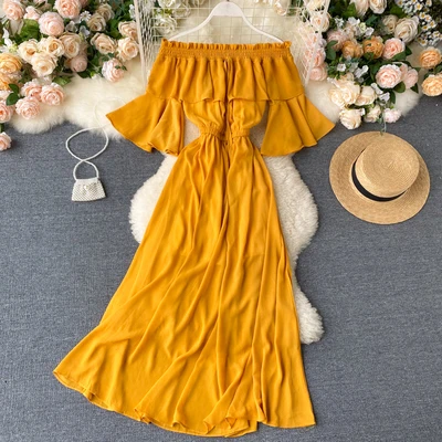 

2020 Summer Women Fashion Off Shoulder Flare Sleeve Chiffon Maxi Dress