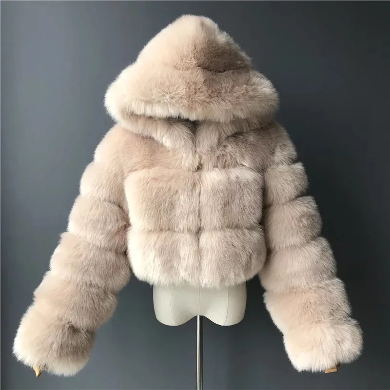 

High Quality Furry Cropped Faux Fur Coats and Jackets Women Winter Luxury Fur Hooded Furry Jacket