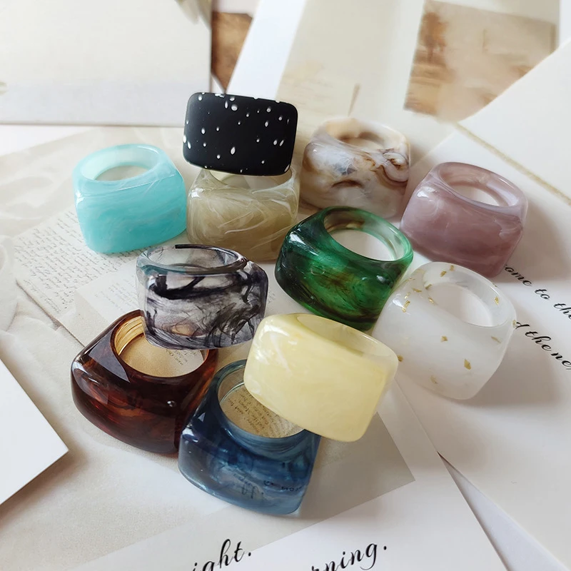 

11 Colors Cute Clear Ink Painting Sky Square Acrylic Rings Irregular Stamp Signet Resin Rings Women Minimalist Korean Jewelry