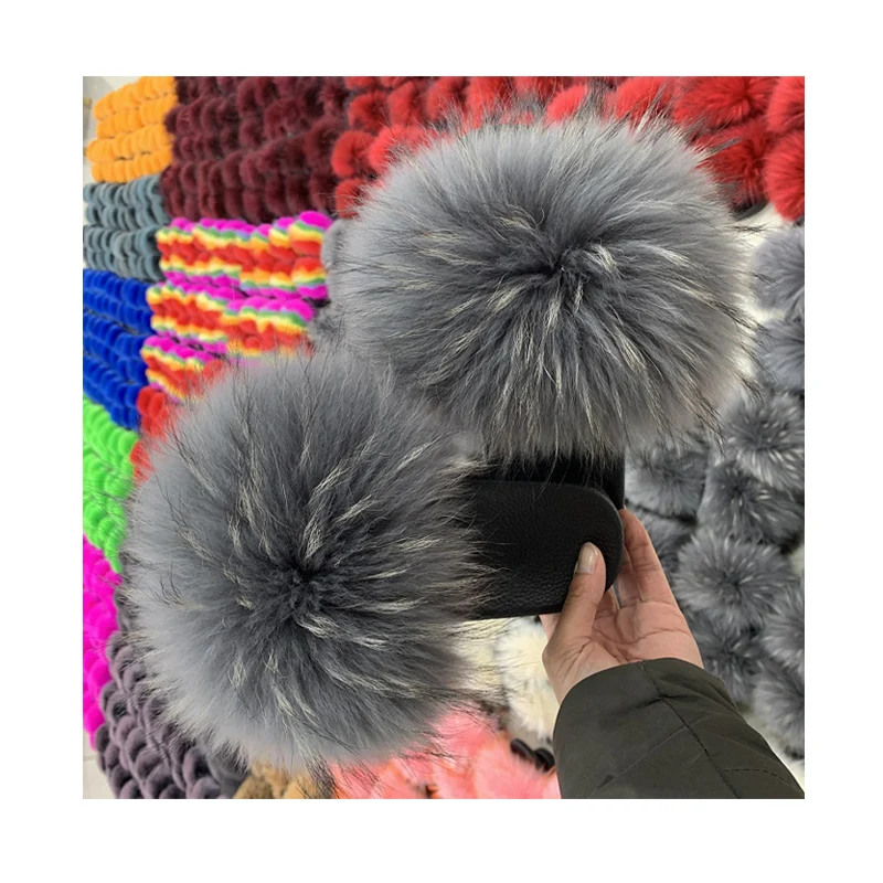 

Women's Fashion Raccoon Fur Soft Sandals Wholesale Women Slippers Natural Color Furry Slides, Customized color