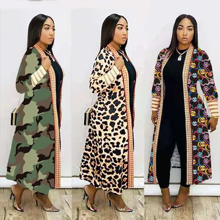 

Fashion long ribbed leopard print winter jackets womens coats