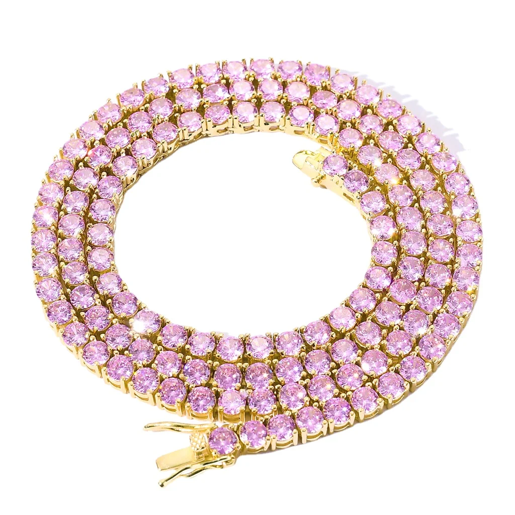 

Hip Hop Jewelry Hot Sale 4MM AAA Pink Cubic Zircon Tennis Chain Iced Out 4 Prong Tennis Necklace, Any color is available