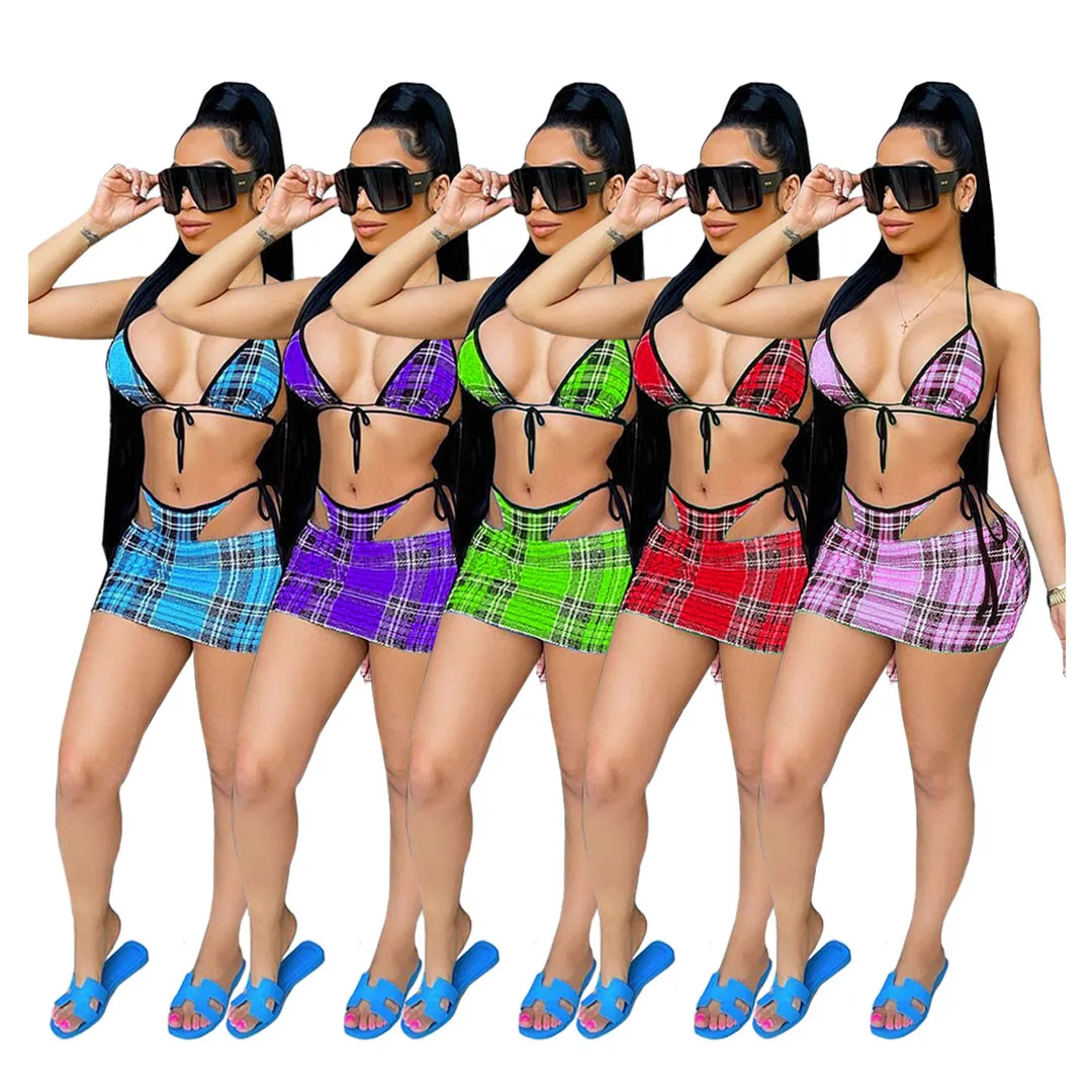 

SAH1641 2021 summer designer plaid print sexy bikini mini skirt cover up plus size women 3 piece bathing suit set, As photo showed
