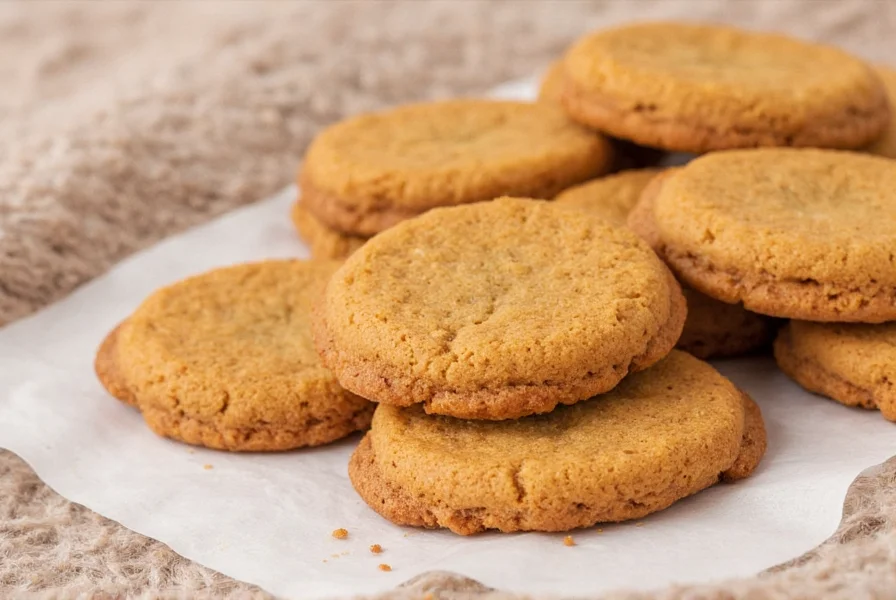 Close-up of perfectly crisp gluten free ginger snaps arranged on a white plate with molasses dripping from one cookie