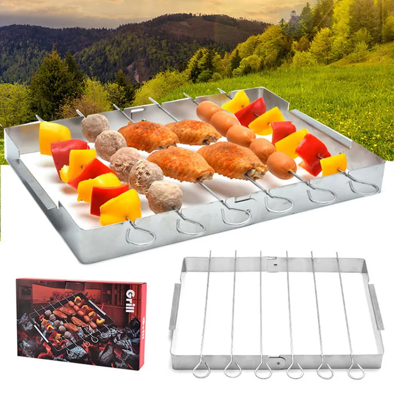 

Stainless Steel Barbecue Skewer Shish Kabob Set, Foldable Grill Rack Set, As picture