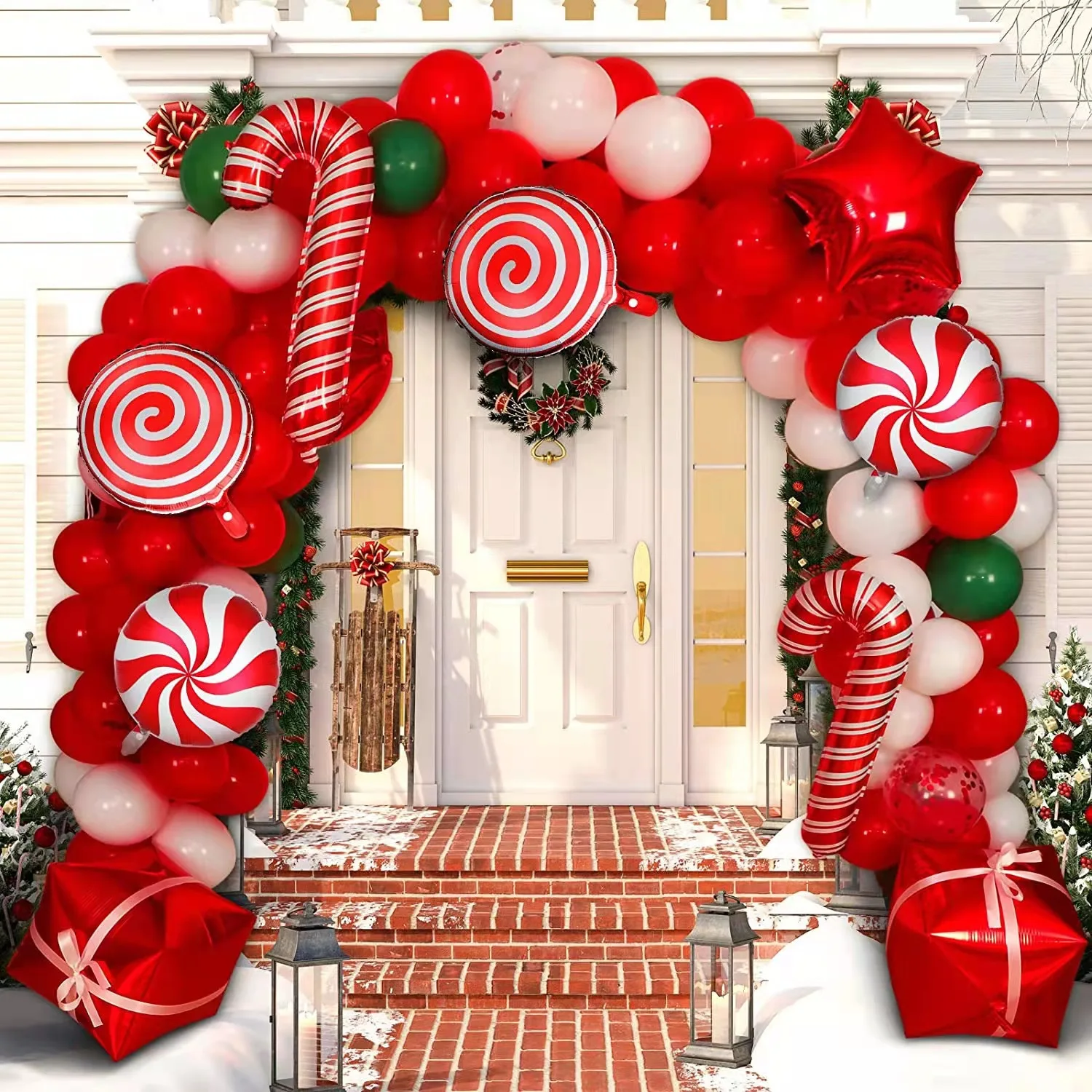 

200 pcs Merry Christmas Balloons Garland Arch Kit Sweet Candy Cane Present Box Confetti Latex Ballon Party Decorations