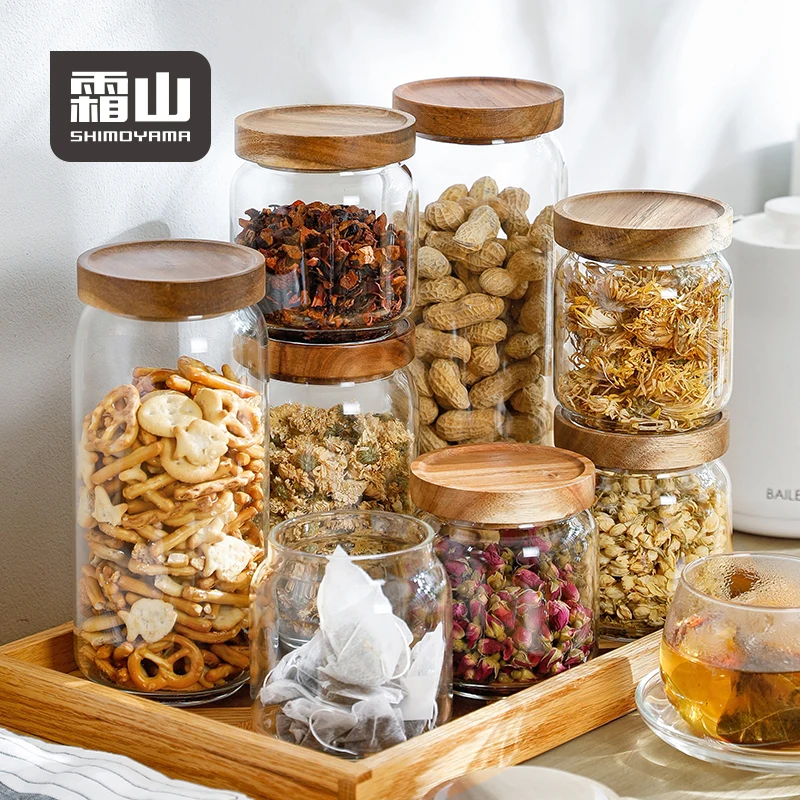 

SHIMOYAMA Wholesale Airtight Empty Borosilicate Spice Storage Glass Jar with Wooden Lid Set, Clear transparent