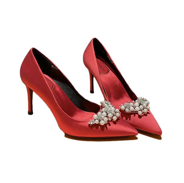 

31-43 size bridal wedding shoes women 2020 new rhinestone pointed red high heels stiletto wedding shoes, Picture
