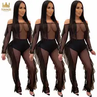 

PB8478 - women sexy mesh sheer off shoulder long sleeve ruffles jumpsuit