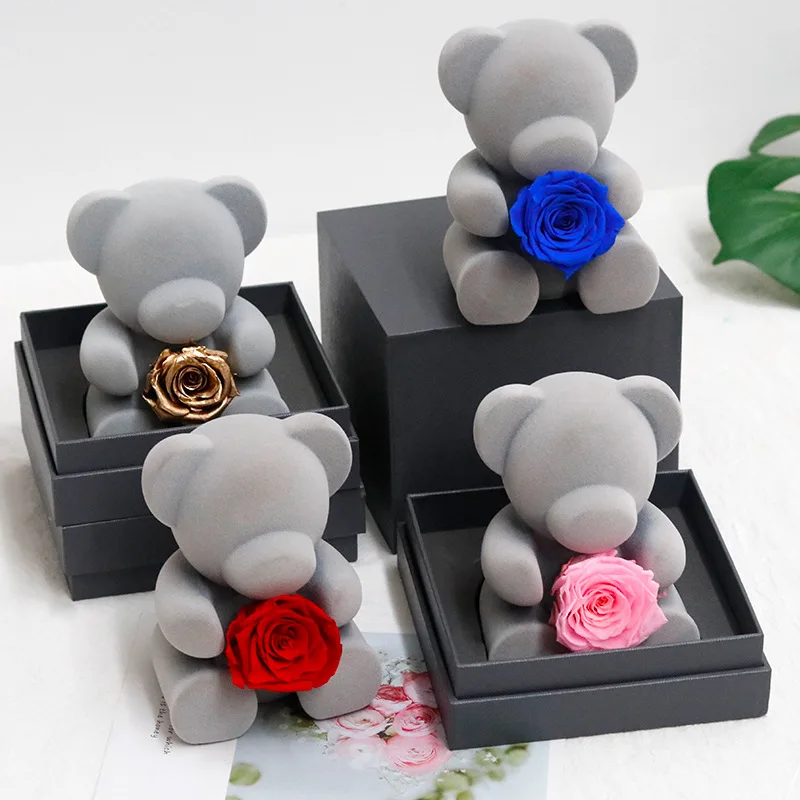

2024 Wholesale Rose Bear Lovely Teddy Bear with A Preserved Fresh Eternal Rose Flower For Valentine Day Gift