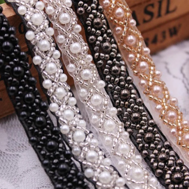 fashion hand made 1cm width pearl beaded garment collar trims for tops
