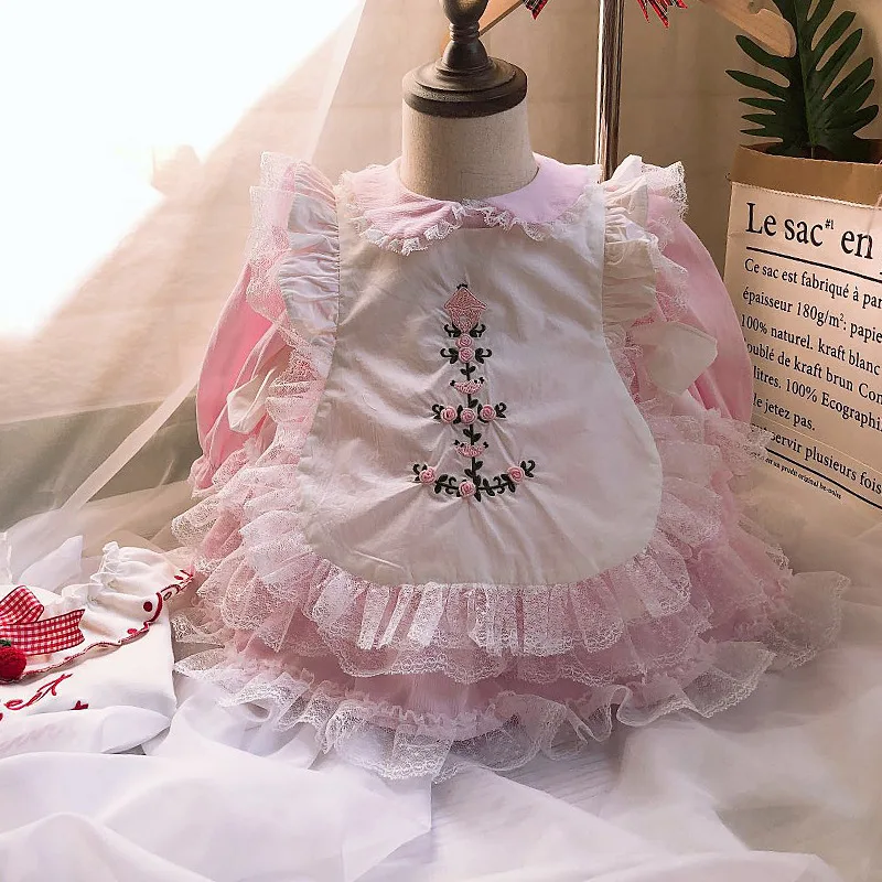 

High Quality Pink Children's Boutique Clothing Embroidery Spanish Flower Girl Dress Kids princess costume