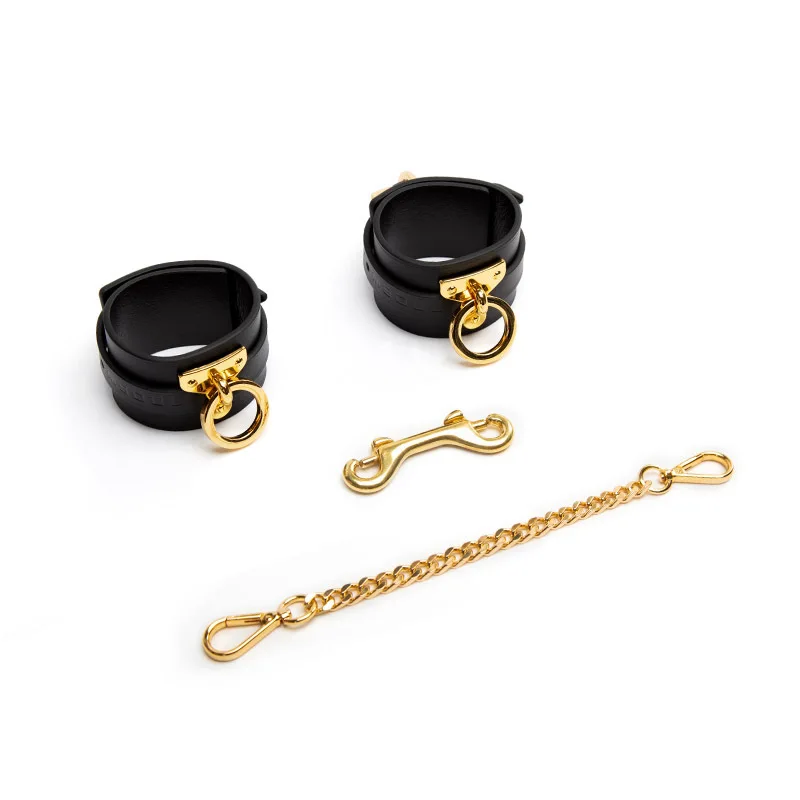 

New Genuine Leather black binding handcuffs with metal chain bondage fetish sex toys Wrist Ankle BDSM