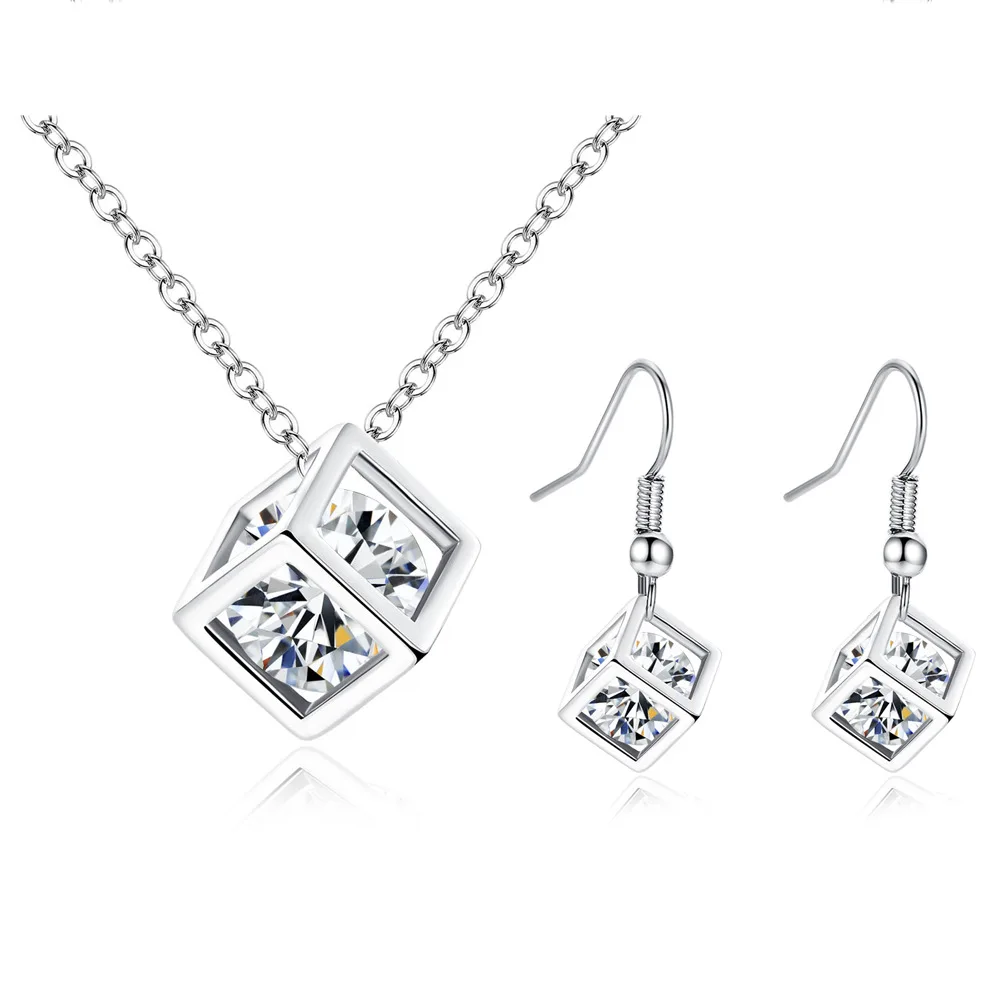 

CZ Bridal Wedding Jewelry Copper Inlaid Zircon Square Ear Hook Necklace Earring Zircon Jewelry Set, Silver and gold