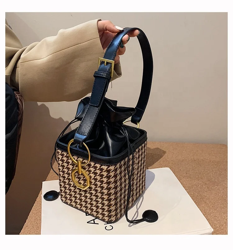

2021 Winter Style Grid PU Leather Small jelly Cross Shoulder Strap Draw String Box Purse Women Square Mini Plaid Handbag