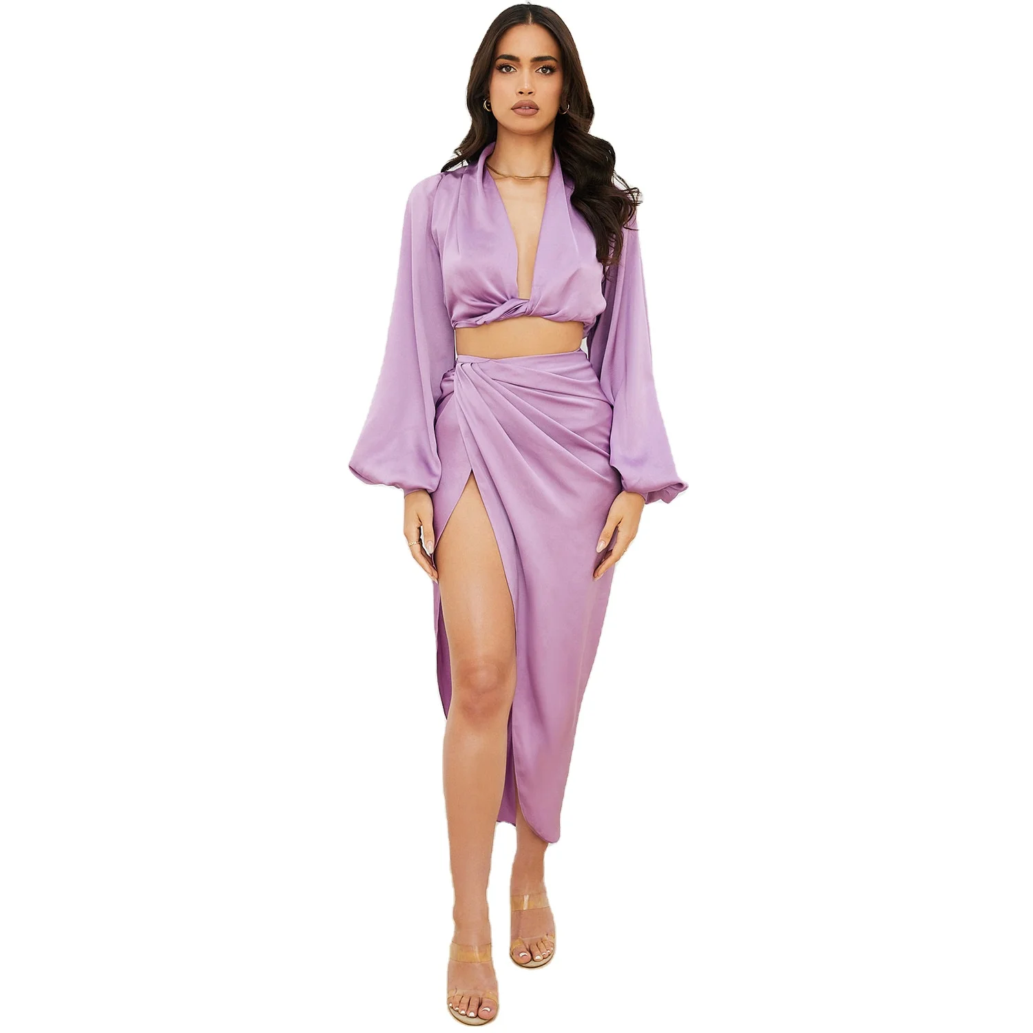 

2021 new autumn women's satin long-sleeved blouse split long skirt two-piece suit