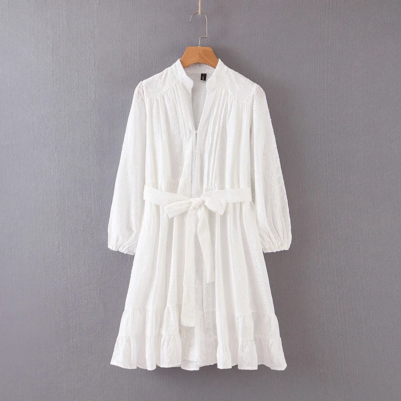 

High quality pure eyelet cotton long sleeve women casual white summer dresses