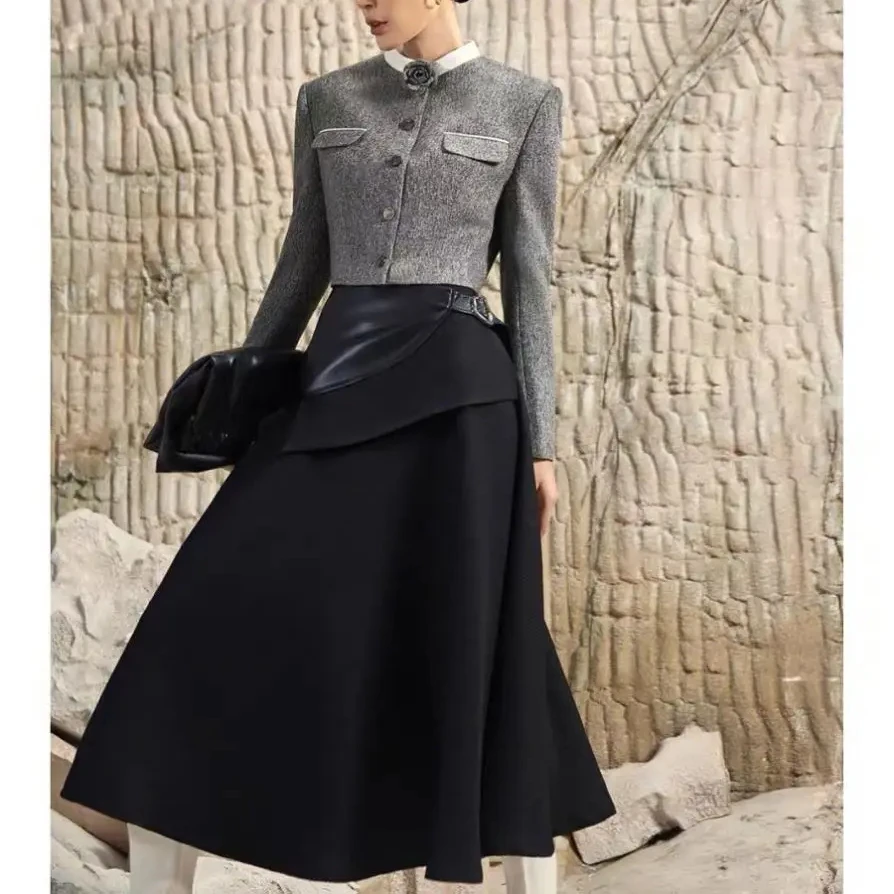 

Bettergirl suit skirt Vietnam designer temperament long sleeve short coat high waist leather patchwork black skirt