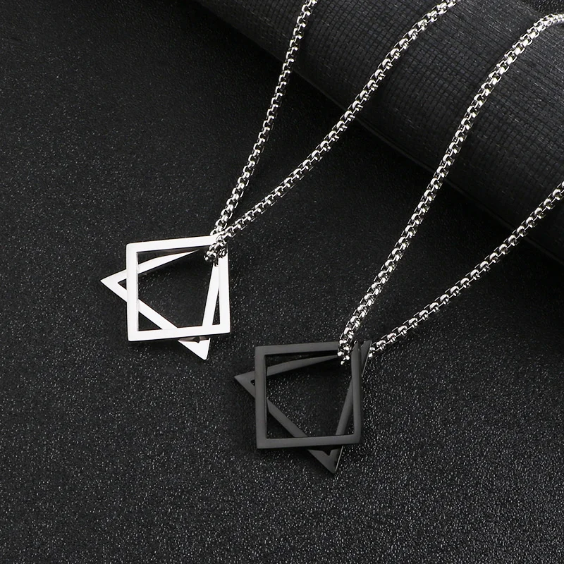 

Geometric Triangle Square Pendant Stainless Steel Necklace Long Sweater Chain Couple Accessories Jewelry Fashion Necklace