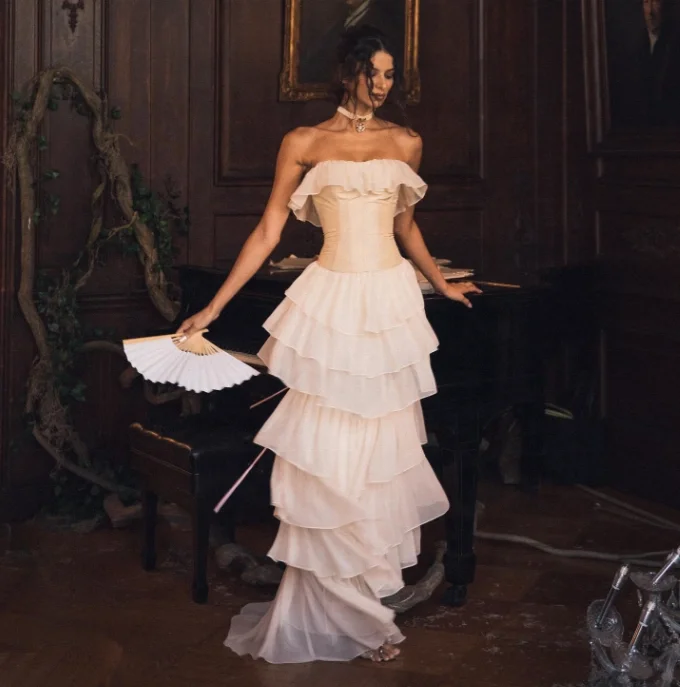 Two Piece Lace Up Corset Slash Neck Long Dress Set