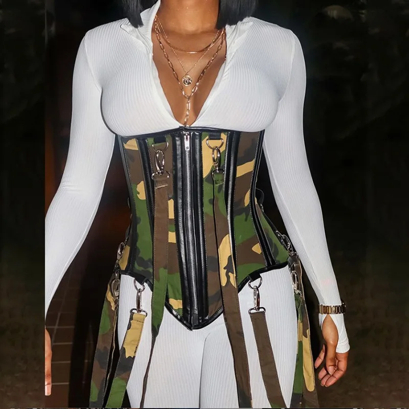 

Trendy Women Tight Waist Camouflage Body Shaper Wear Ribbon Zipper Corset