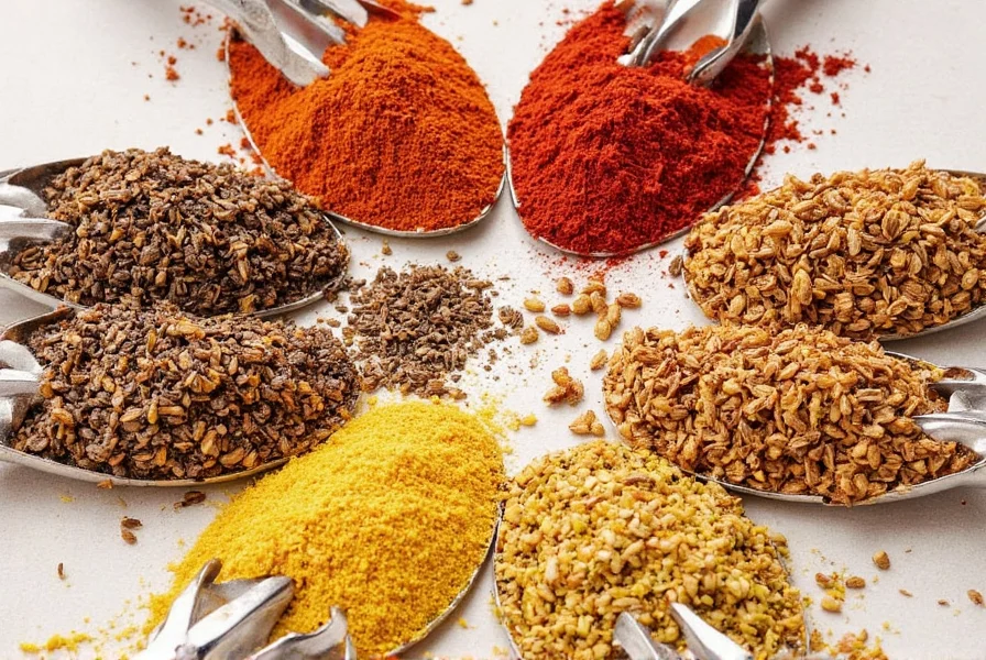 Mediterranean spices arranged on a wooden table