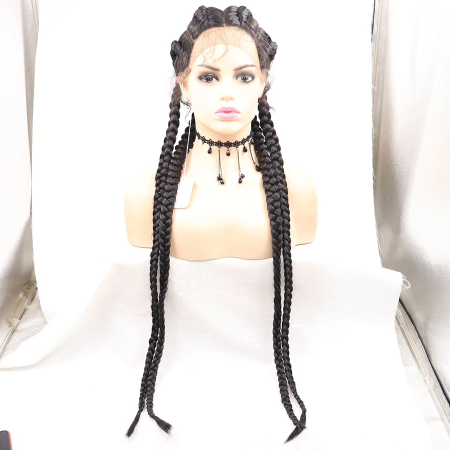 

Hand Braided Synthetic Lace Front Cornrow Wigs 4 Ponytails Soft Lace Frontal Twist Braided Wigs with Baby Hair, Natural color