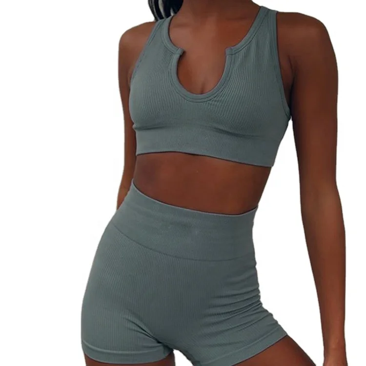 

U-neck seamless 2-piece women's gym fitness wear jogging quick-drying short pit strip seamless yoga set