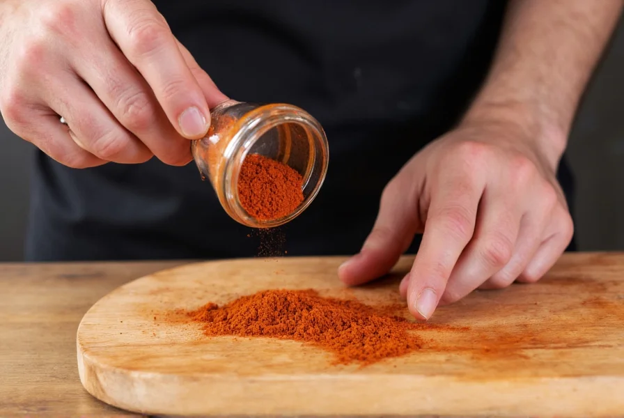 Chef measuring chili powder in a Mexican kitchen setting for cumin substitute demonstration
