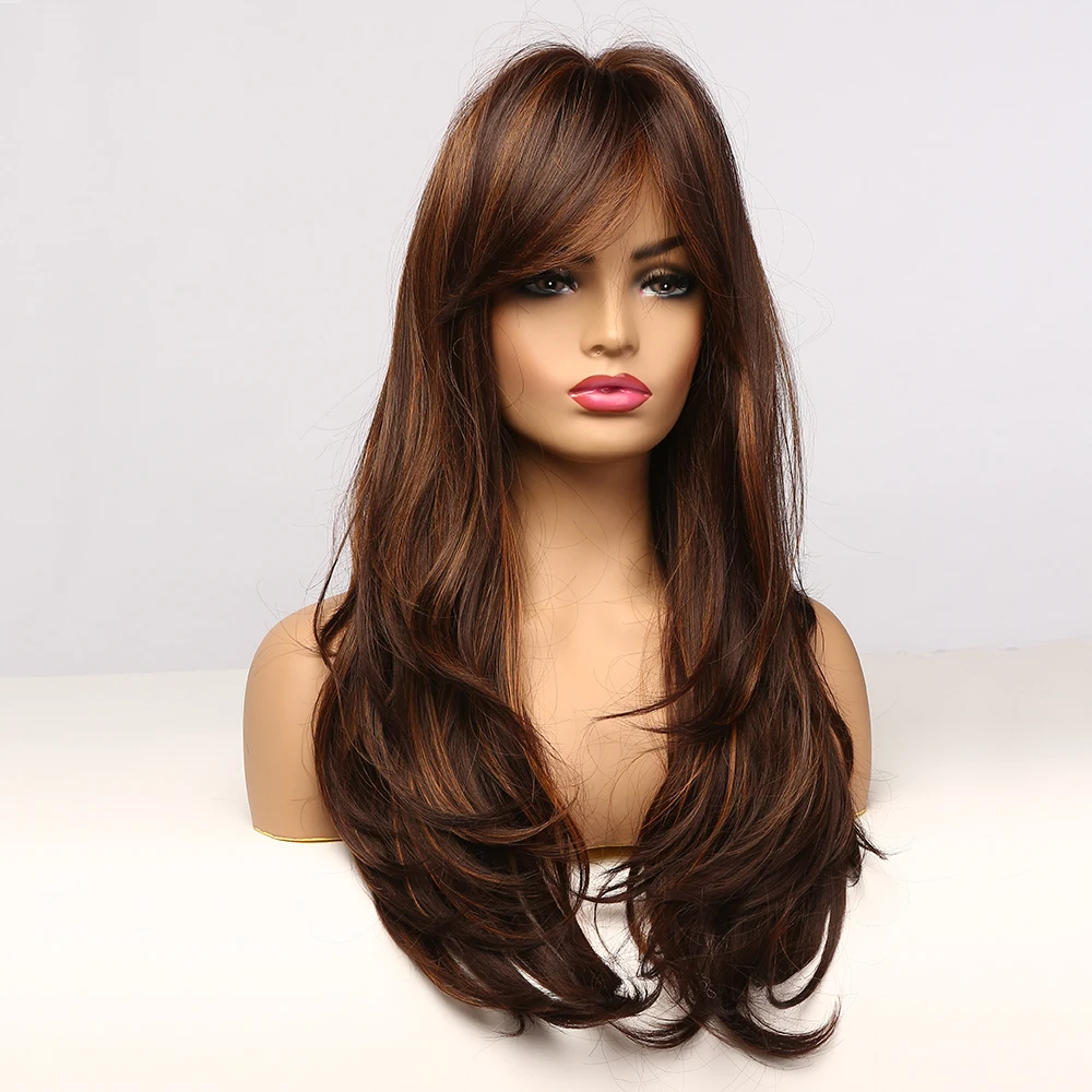 

Natural long wavy wig with bangs brown with golden water wave high temperature fiber female wig fast shipping