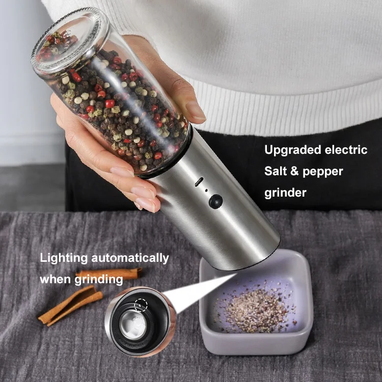 

Amazon Hot Sale 304 Stainless Steel USB Rechargeable Electric Automatic Gravity Salt and Pepper Spice Grinder with LED Light