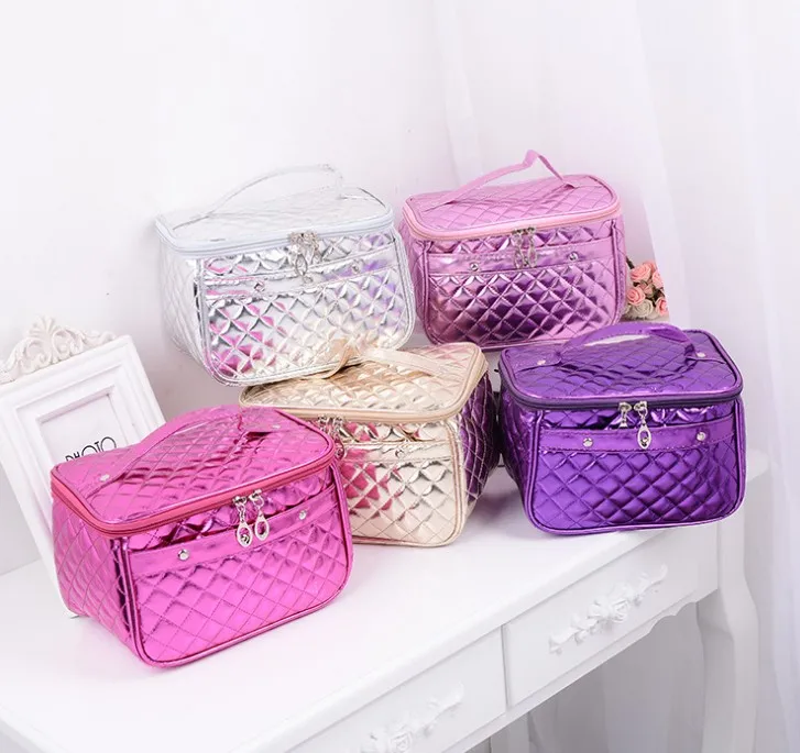 

fashion Geometric PU leather lady cases or pouches travel cosmetic bag makeup new product ailu in cosmetic bags&cases for women, Pink/gold/silver/