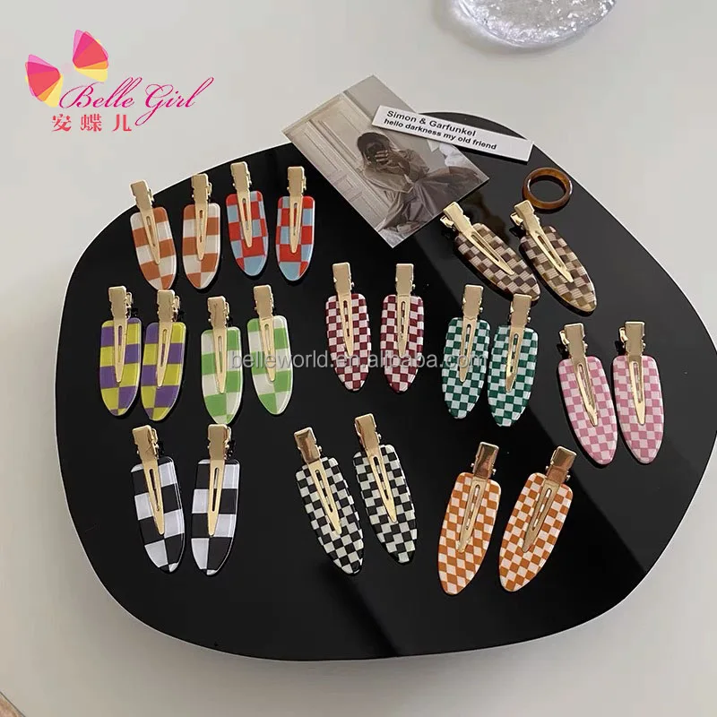 

BELLEWORLD New arrivals INS Korean decorative plaid hair clips 10colors no seam flat acrylic checker spa hair pins for girls